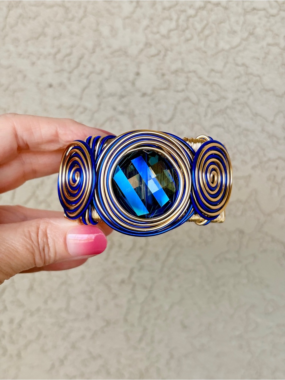 Sparkling Blue and Gold Wire Wrapped Cuff Bracelet